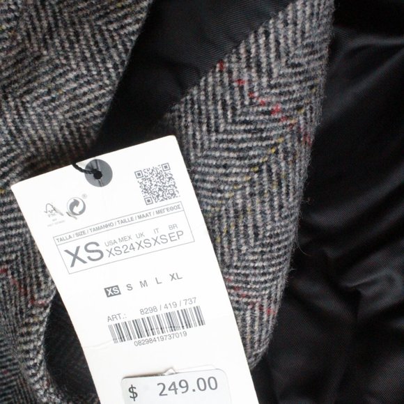 NWT ZARA XS WOOL LAPEL BELTED PATTERNED HERRINGBONE LONG COAT - Picture 12 of 12